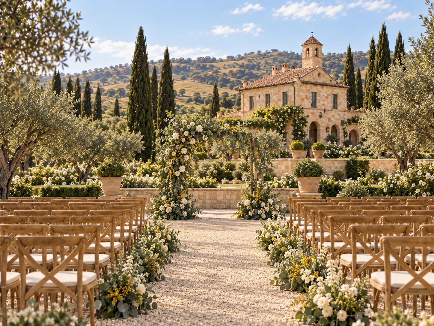 A garden ceremony aisle, timber chairs and white flowers with the estate beyond.