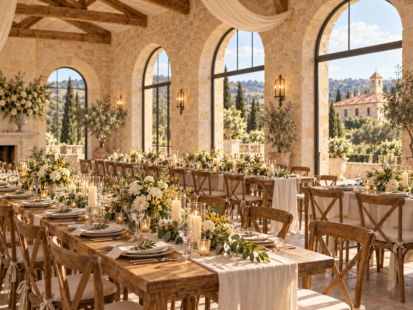 The stone reception room set for dinner with linen, flowers and candlelight.