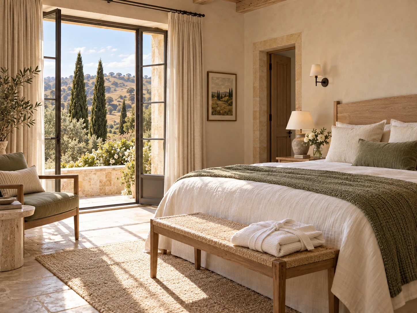 A calm estate suite with ivory linen, timber furniture and views into the garden.