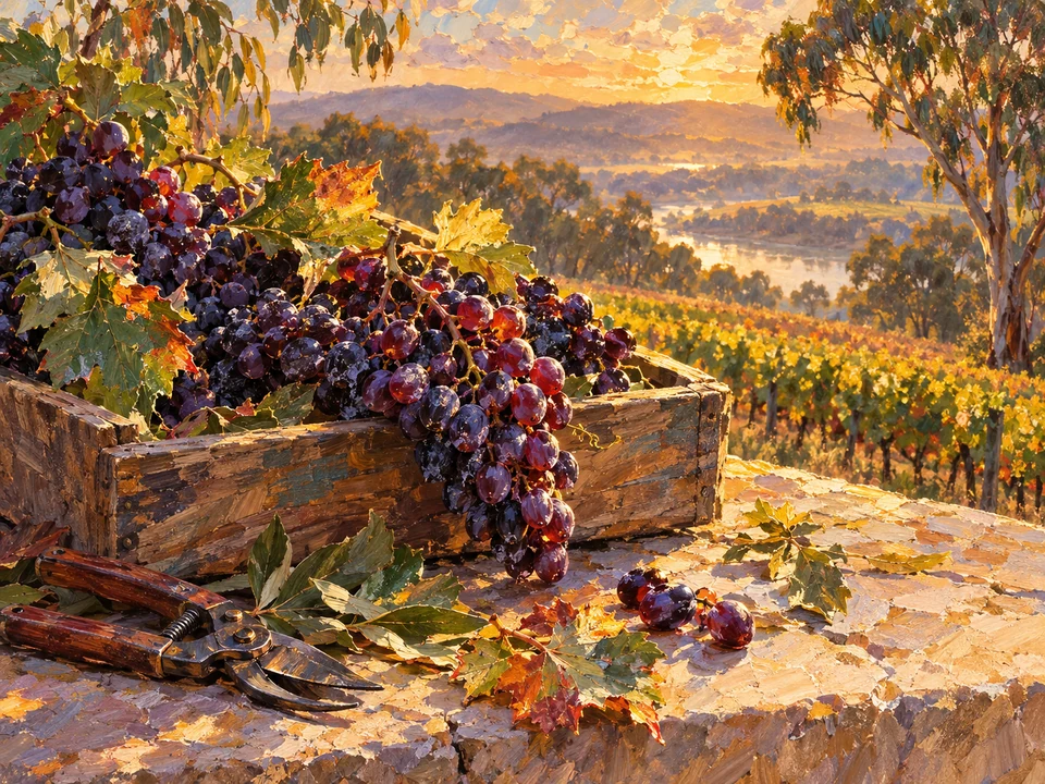 Freshly picked grapes and the quiet tools of a day among the vines.