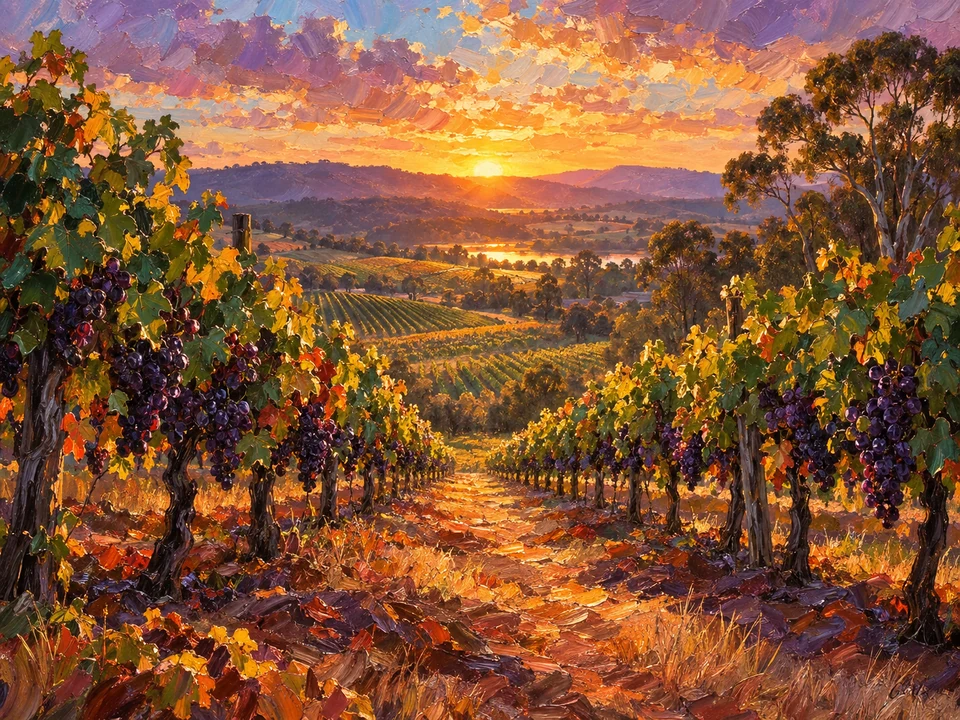 Impressionist sunset through vineyard rows