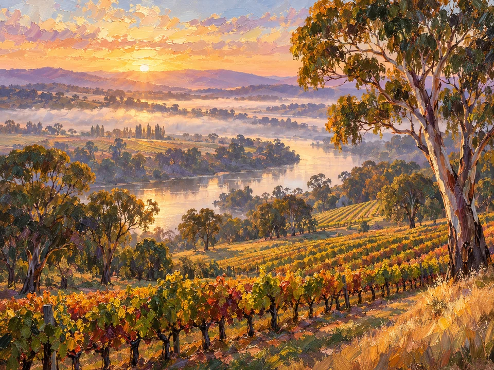 Soft mist, gum trees and vines following the curves of the Adelaide Hills.