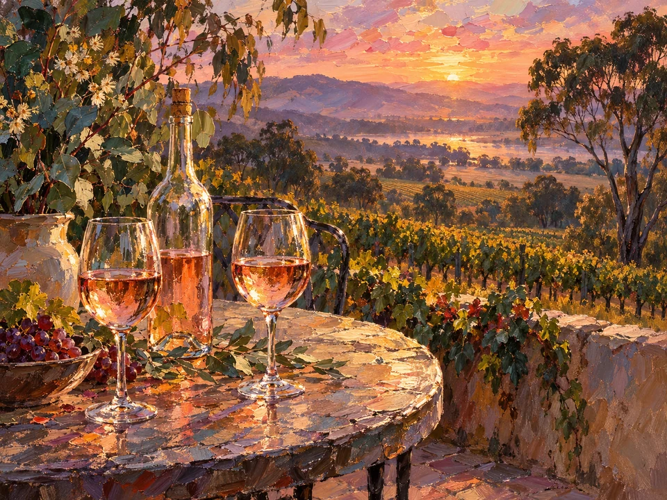Two glasses, a vineyard view and the soft pink light at the end of the day.