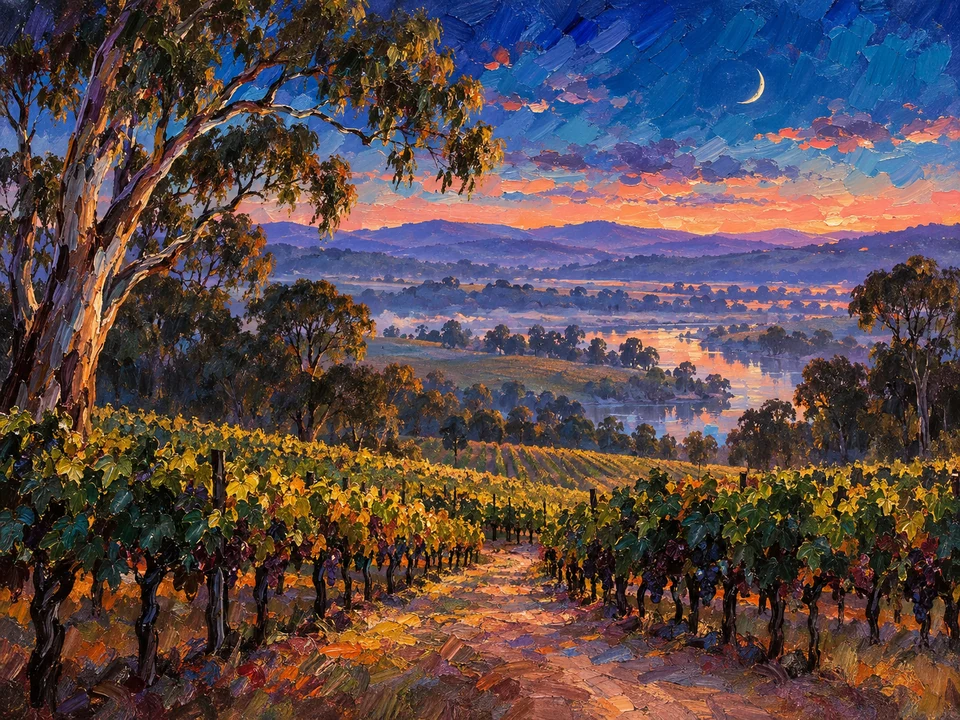 A quiet blue-hour finish, as the last colour fades beyond the vines.