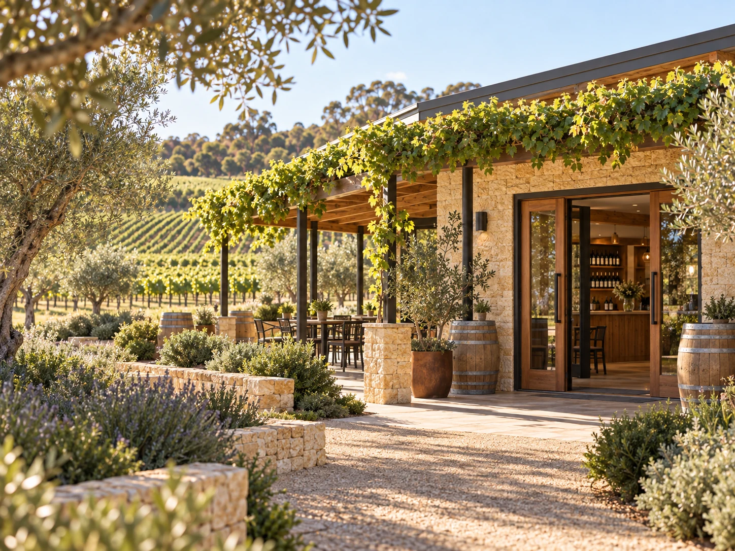 The Copperleaf stone cellar door and terrace beside sunlit vineyard rows.