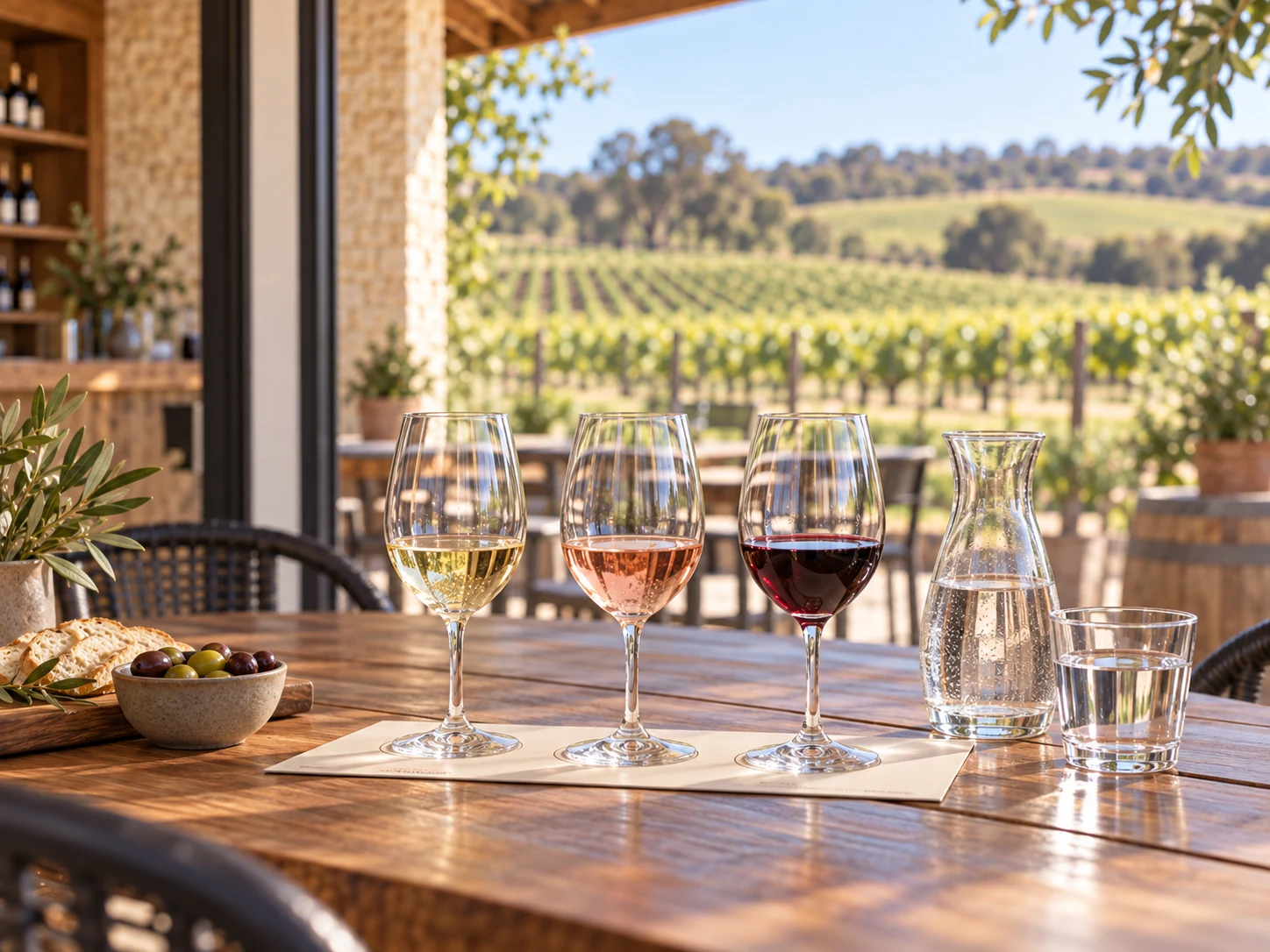 A white, rosé and red tasting flight, with water, overlooking the vineyard.