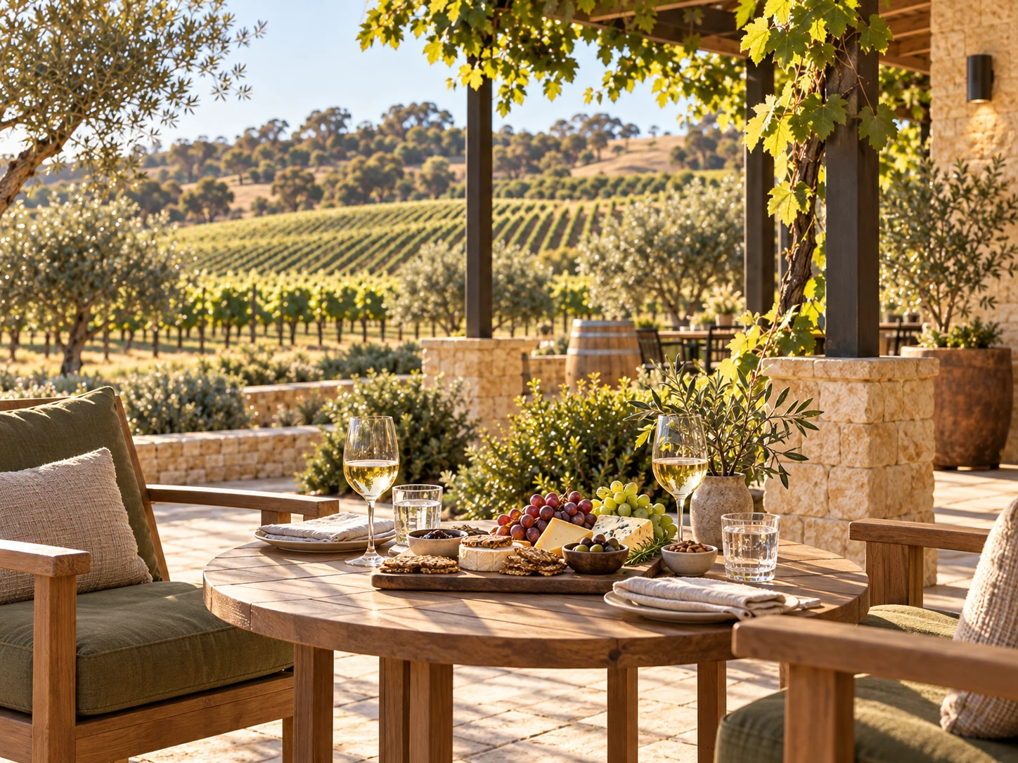 A local-produce board and a table for two on the shaded winery terrace.