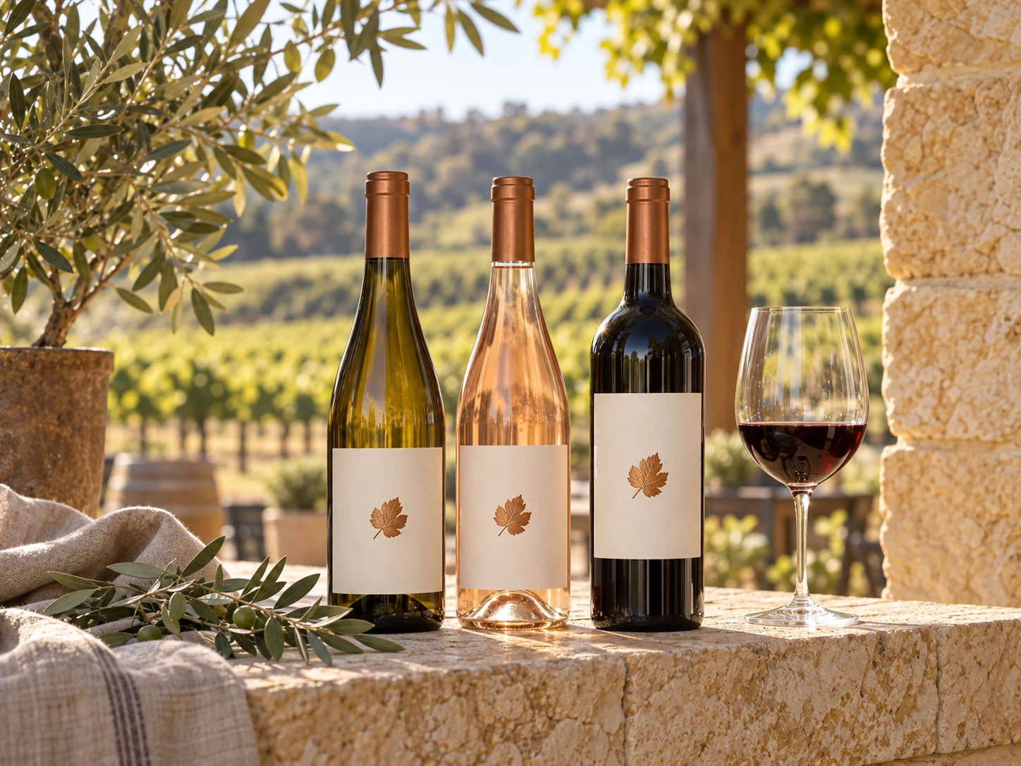 Three illustrative Copperleaf wine bottles on a stone ledge.